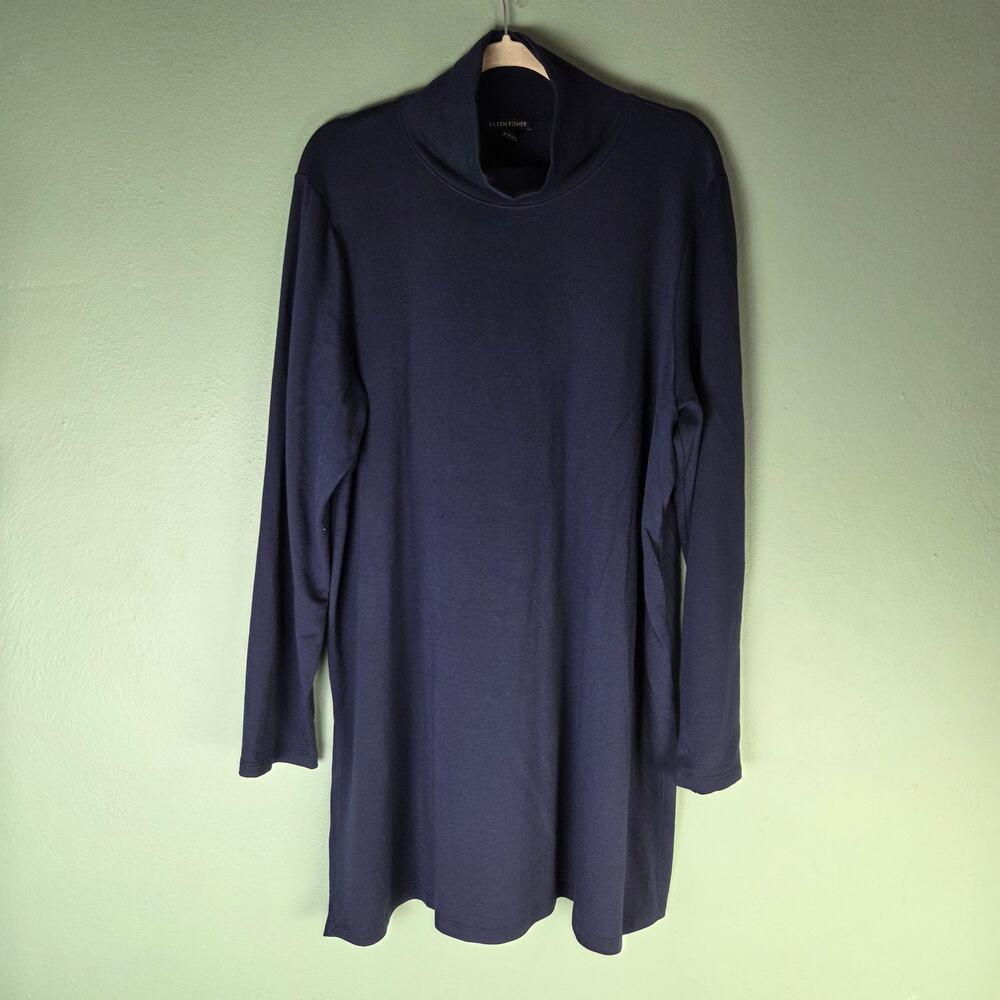 Eileen Fisher Womens XL Navy Blue Mock Neck Long Sleeve Tunic Top Tencel Stretch